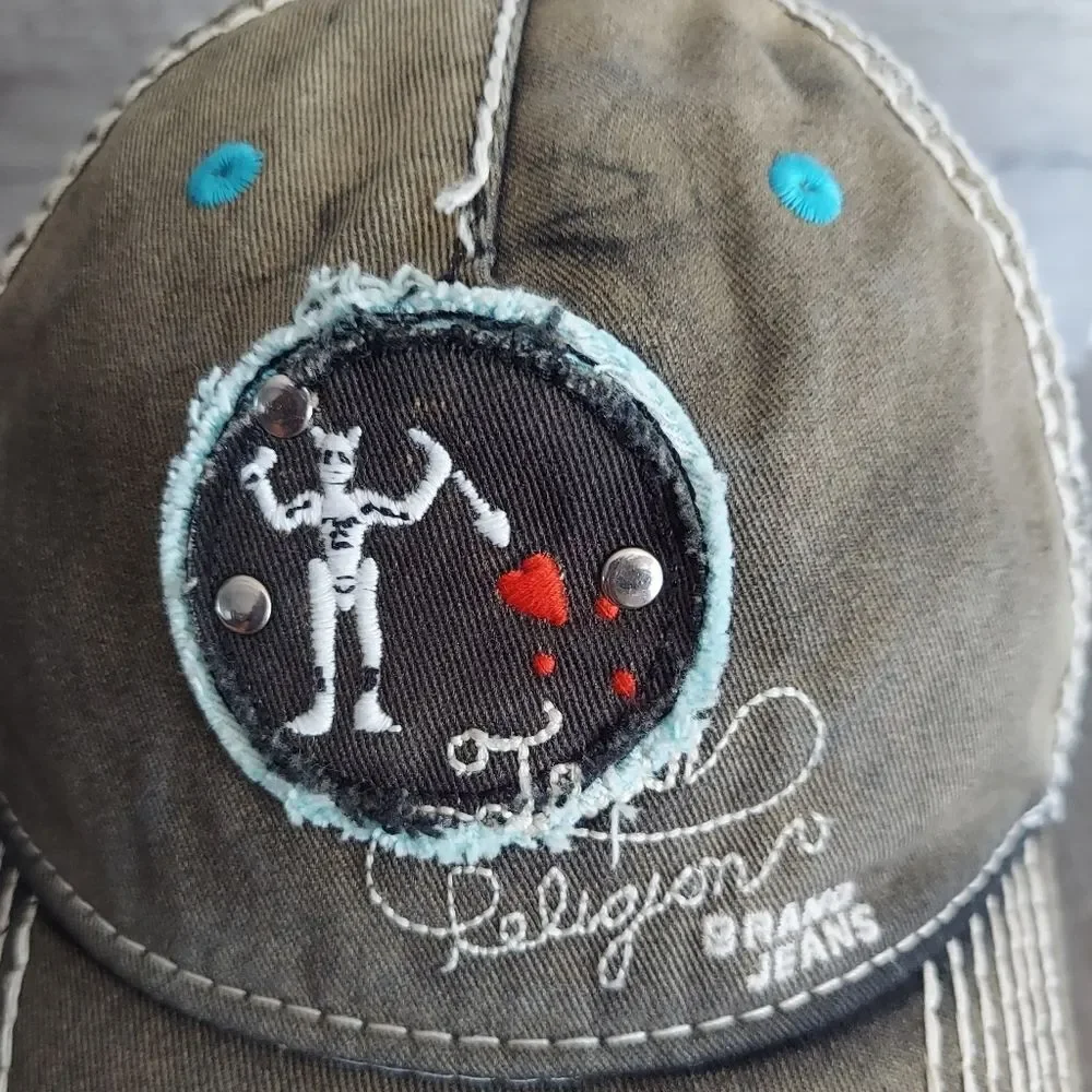Vintage True Religion Distressed Embroidered Black Beard Flag Hearts Hat
